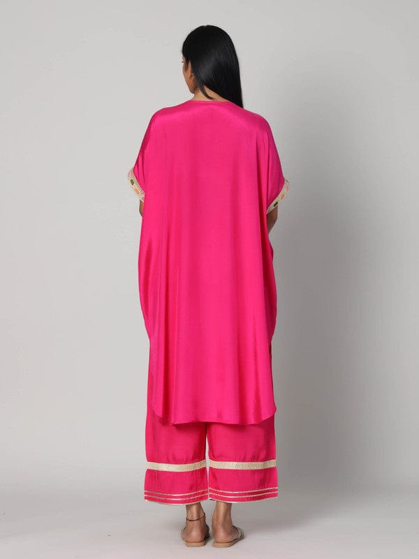 Pink Elbow Sleeves Chanderi Lace attachament on neck placket Calf length Kurta Set - Without Dupatta