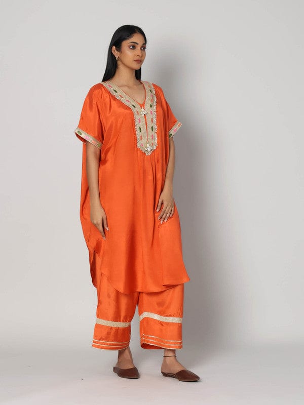 Rust Elbow Sleeves Chanderi Lace attachament on neck placket Calf length Kurta Set - Without Dupatta