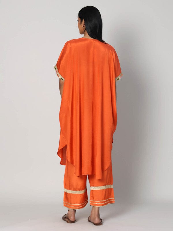 Rust Elbow Sleeves Chanderi Lace attachament on neck placket Calf length Kurta Set - Without Dupatta