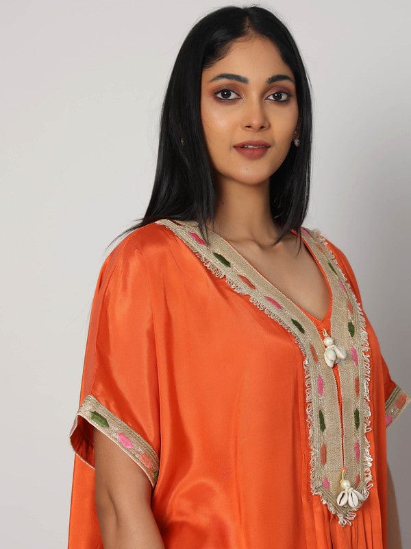 Rust Elbow Sleeves Chanderi Lace attachament on neck placket Calf length Kurta Set - Without Dupatta