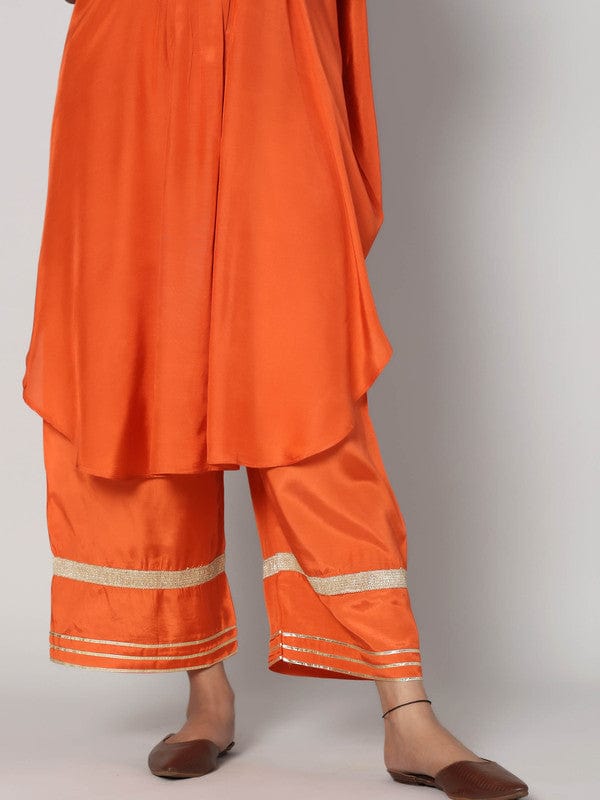 Rust Elbow Sleeves Chanderi Lace attachament on neck placket Calf length Kurta Set - Without Dupatta