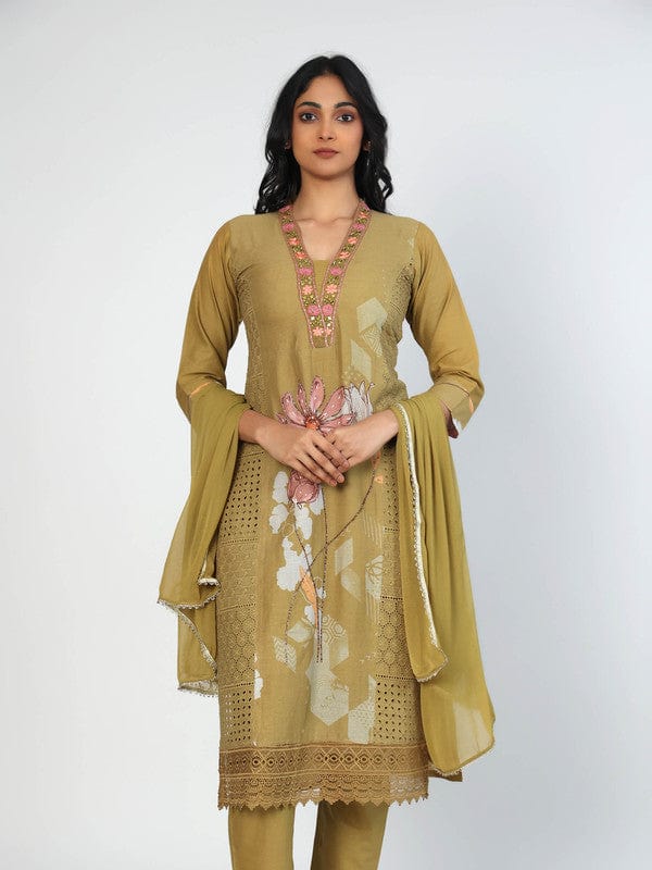 Olive 3/4th Sleeves Cotton Placement print with mirror and thread work Calf length Kurta Set - With Dupatta