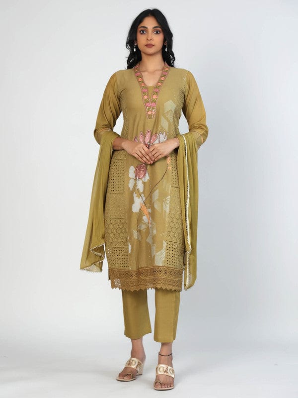 Olive 3/4th Sleeves Cotton Placement print with mirror and thread work Calf length Kurta Set - With Dupatta