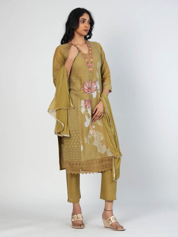 Olive 3/4th Sleeves Cotton Placement print with mirror and thread work Calf length Kurta Set - With Dupatta