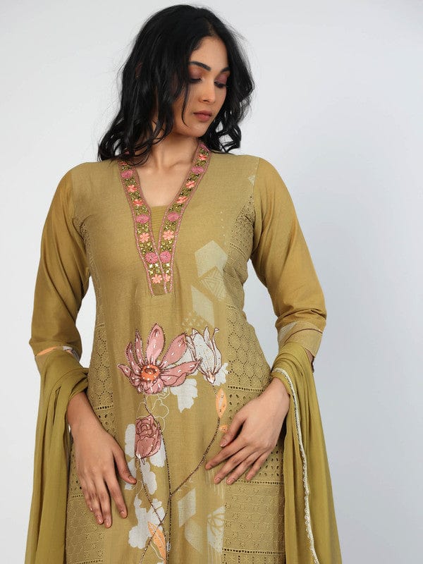 Olive 3/4th Sleeves Cotton Placement print with mirror and thread work Calf length Kurta Set - With Dupatta