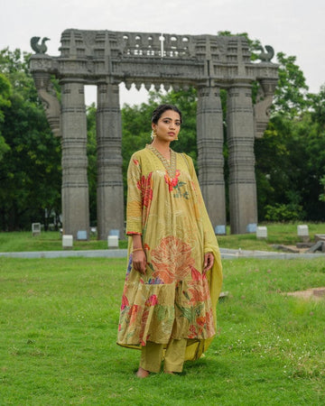 Green 3/4th Sleeves Floral print, Mirror work Cotton Calf length Kurta Set - With Dupatta