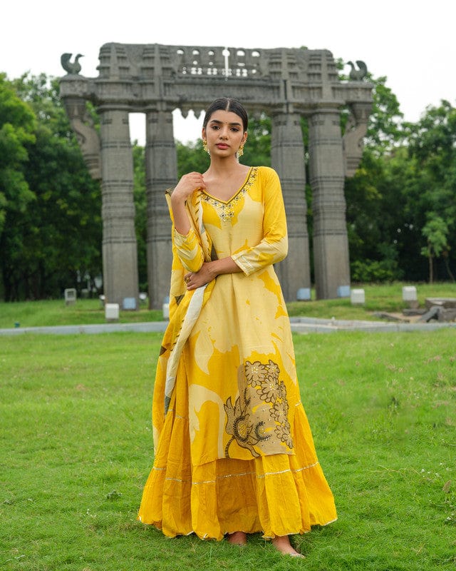 Yellow 3/4th Sleeves Floral print with embellishment work Viscose Calf length Kurta Set - With Dupatta