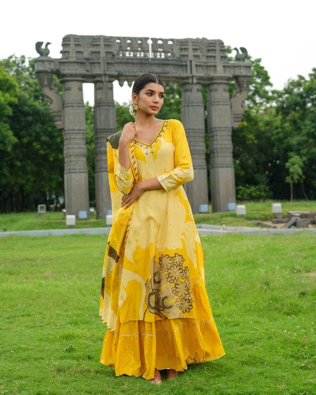 Yellow 3/4th Sleeves Floral print with embellishment work Viscose Calf length Kurta Set - With Dupatta