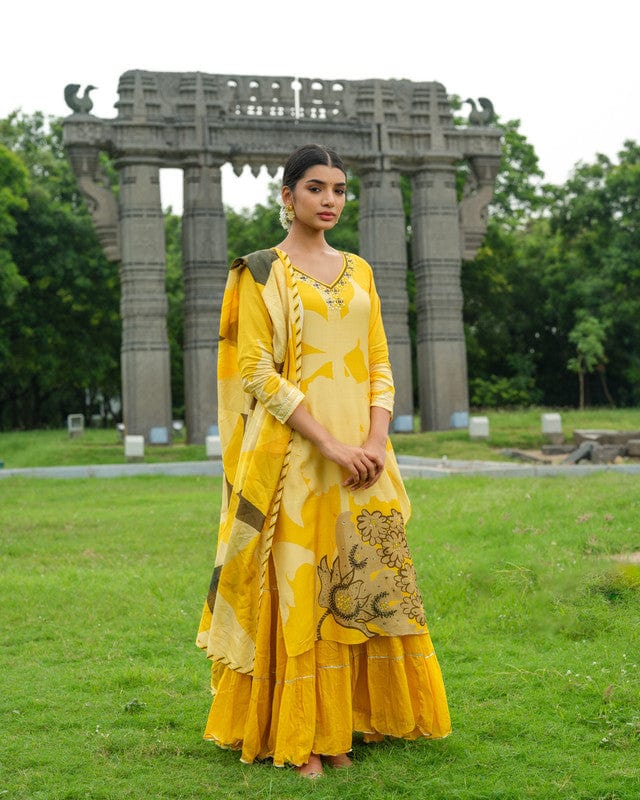 Yellow 3/4th Sleeves Floral print with embellishment work Viscose Calf length Kurta Set - With Dupatta