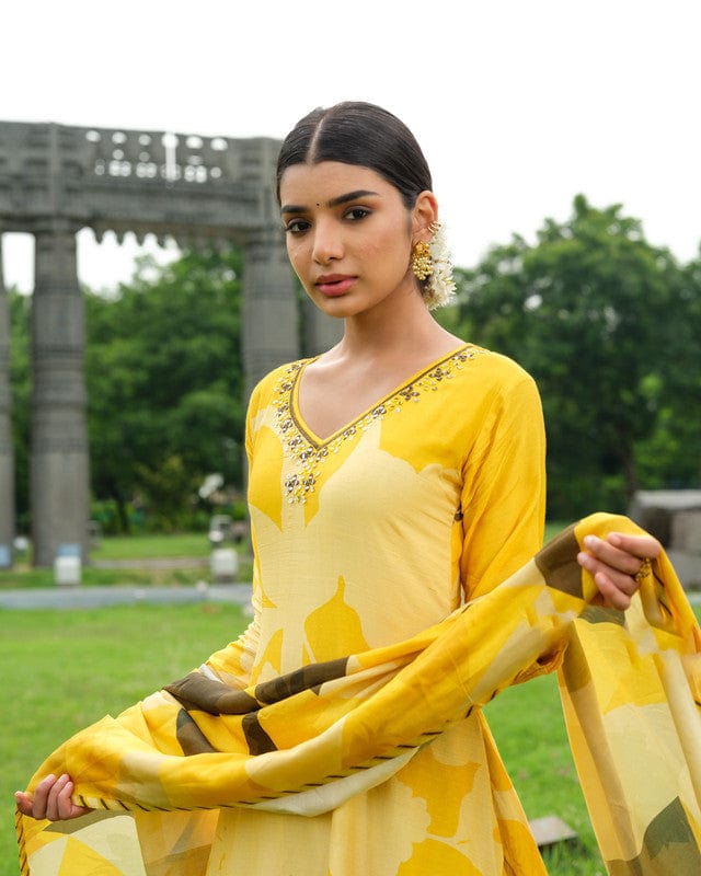 Yellow 3/4th Sleeves Floral print with embellishment work Viscose Calf length Kurta Set - With Dupatta