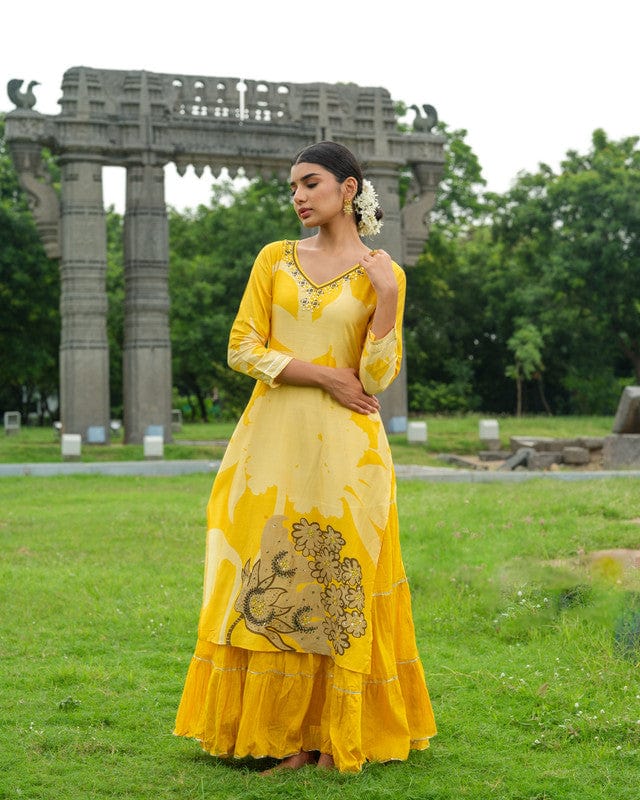 Yellow 3/4th Sleeves Floral print with embellishment work Viscose Calf length Kurta Set - With Dupatta