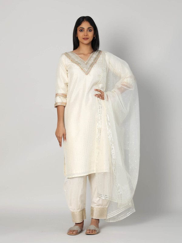 Pearl 3/4th Sleeves Chanderi Zari thread work Calf length Kurta Set - With Dupatta