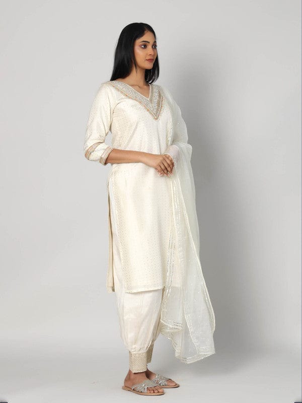 Pearl 3/4th Sleeves Chanderi Zari thread work Calf length Kurta Set - With Dupatta