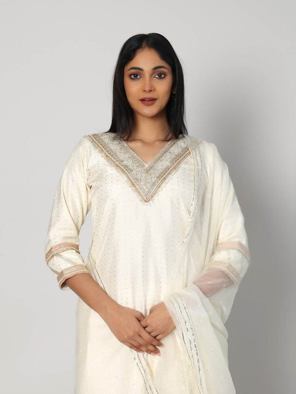 Pearl 3/4th Sleeves Chanderi Zari thread work Calf length Kurta Set - With Dupatta