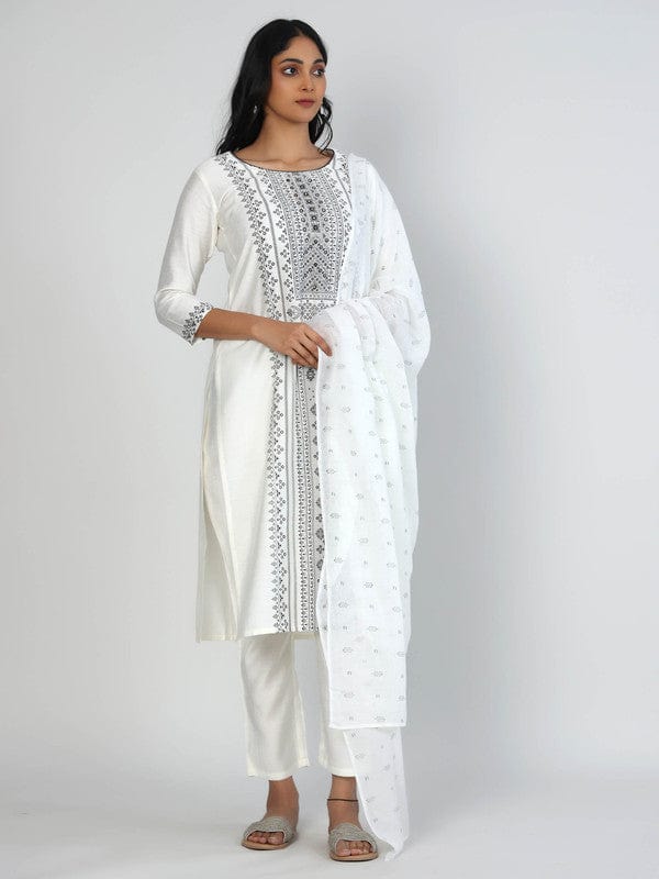 White 3/4th Sleeves Viscose Placement print Calf length Kurta Set - With Dupatta