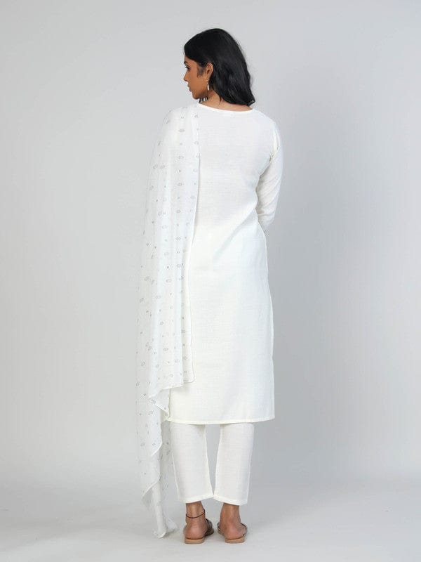 White 3/4th Sleeves Viscose Placement print Calf length Kurta Set - With Dupatta