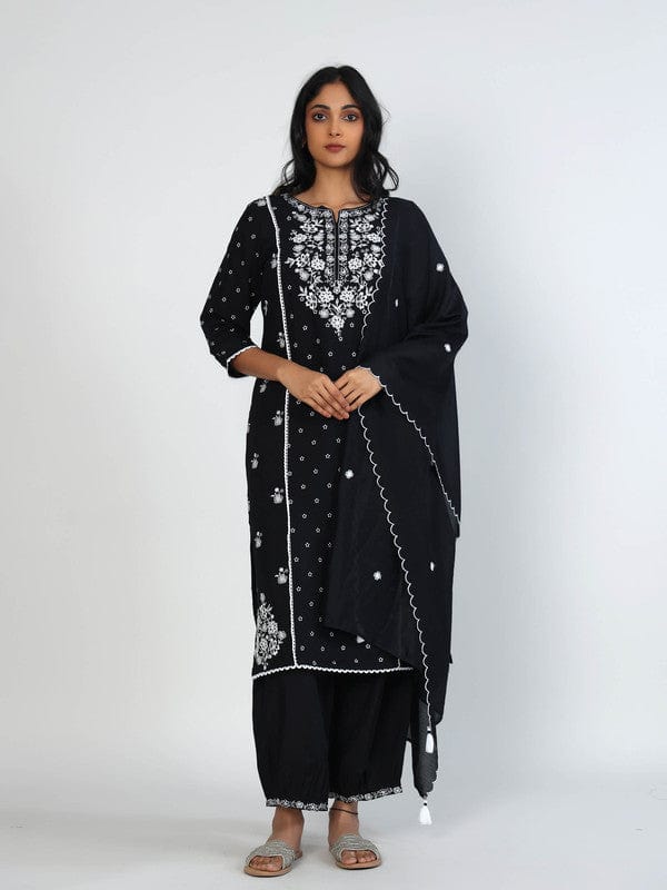 Black 3/4th Sleeves Chanderi All over mixed prints Calf length Kurta Set - With Dupatta