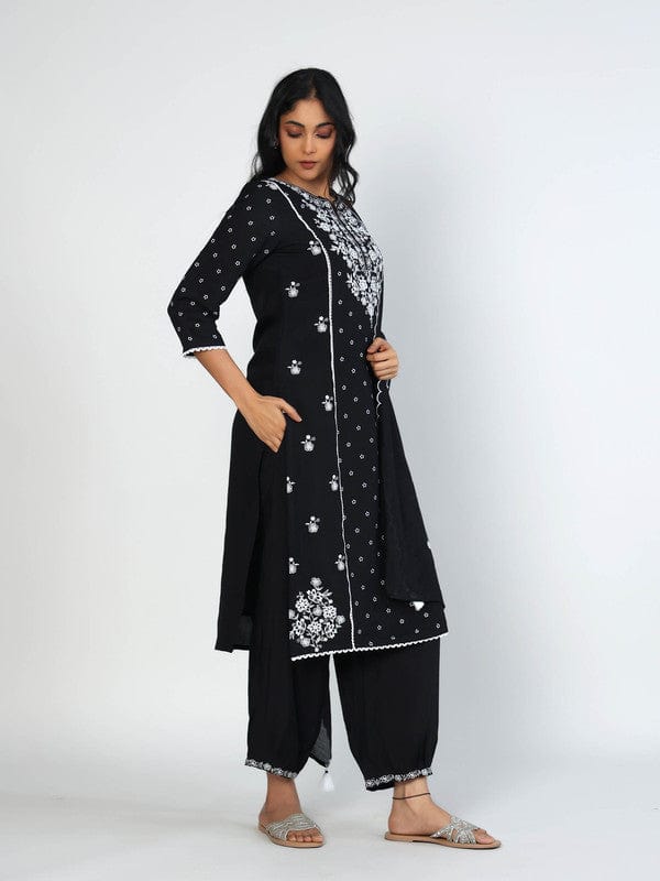 Black 3/4th Sleeves Chanderi All over mixed prints Calf length Kurta Set - With Dupatta