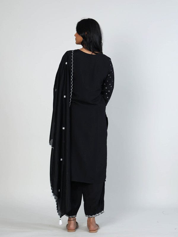 Black 3/4th Sleeves Chanderi All over mixed prints Calf length Kurta Set - With Dupatta