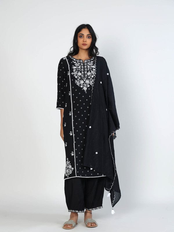 Black 3/4th Sleeves Chanderi All over mixed prints Calf length Kurta Set - With Dupatta