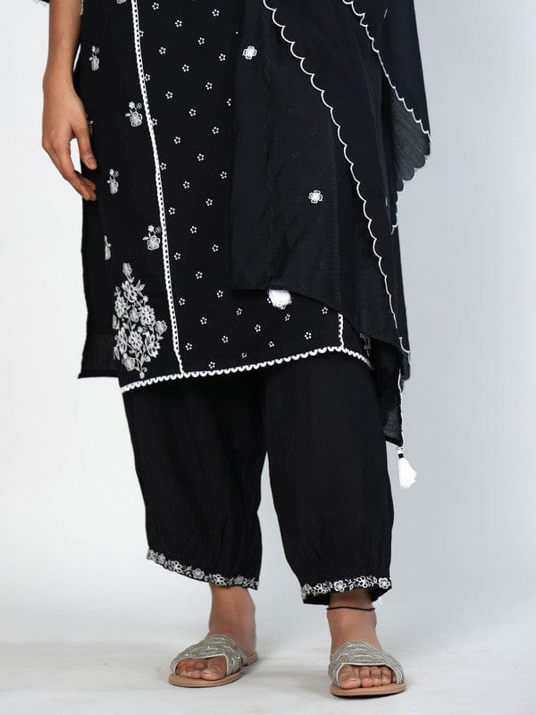 Black 3/4th Sleeves Chanderi All over mixed prints Calf length Kurta Set - With Dupatta