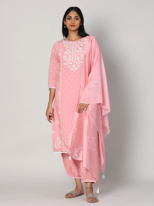 Baby Pink 3/4th Sleeves Chanderi All over mixed prints Calf length Kurta Set - With Dupatta