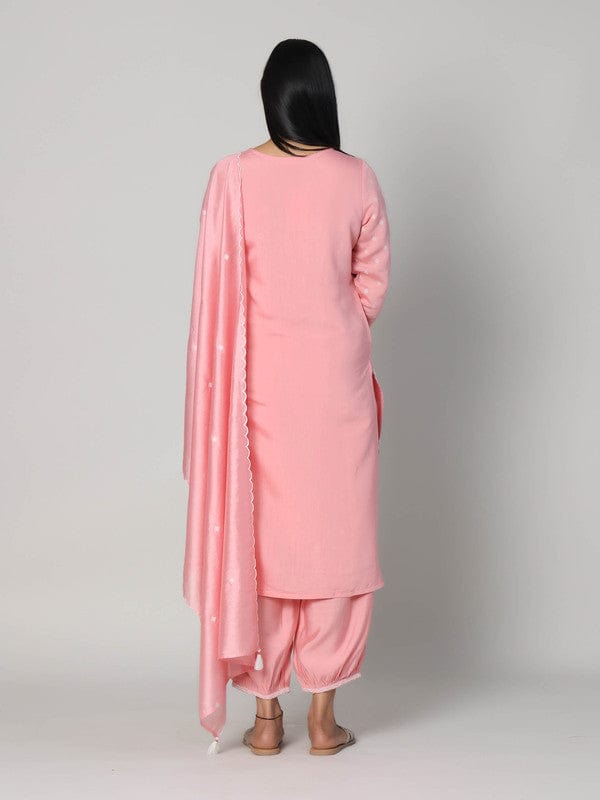 Baby Pink 3/4th Sleeves Chanderi All over mixed prints Calf length Kurta Set - With Dupatta