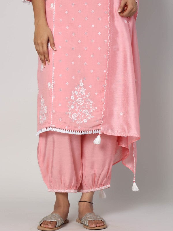 Baby Pink 3/4th Sleeves Chanderi All over mixed prints Calf length Kurta Set - With Dupatta
