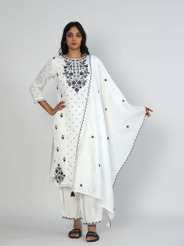 Cream 3/4th Sleeves Chanderi All over mixed prints Calf length Kurta Set - With Dupatta