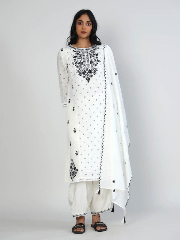Cream 3/4th Sleeves Chanderi All over mixed prints Calf length Kurta Set - With Dupatta
