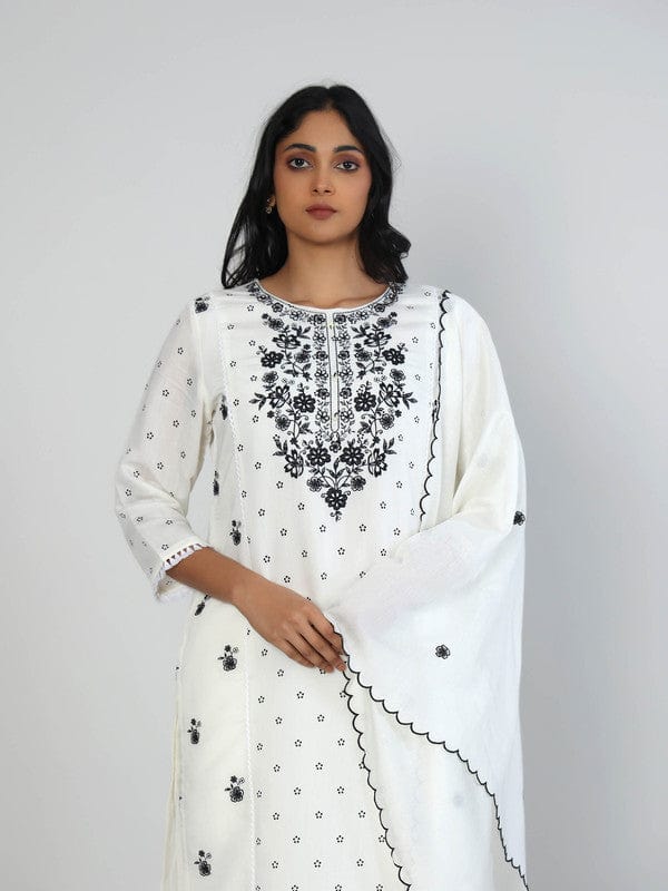 Cream 3/4th Sleeves Chanderi All over mixed prints Calf length Kurta Set - With Dupatta