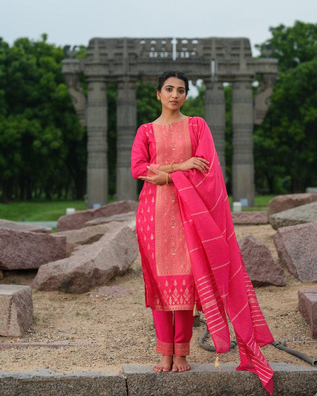 Pink 3/4th Sleeves Traditional motifs with embellishment work Banaras Calf length Kurta Set - With Dupatta