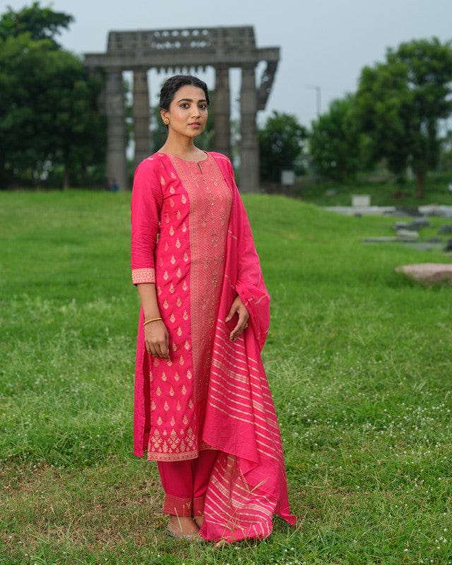 Pink 3/4th Sleeves Traditional motifs with embellishment work Banaras Calf length Kurta Set - With Dupatta