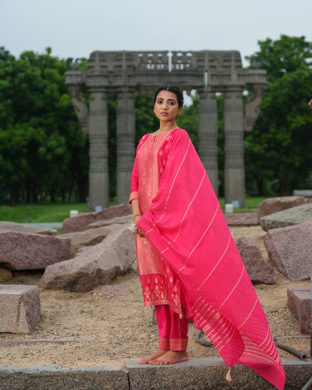 Pink 3/4th Sleeves Traditional motifs with embellishment work Banaras Calf length Kurta Set - With Dupatta