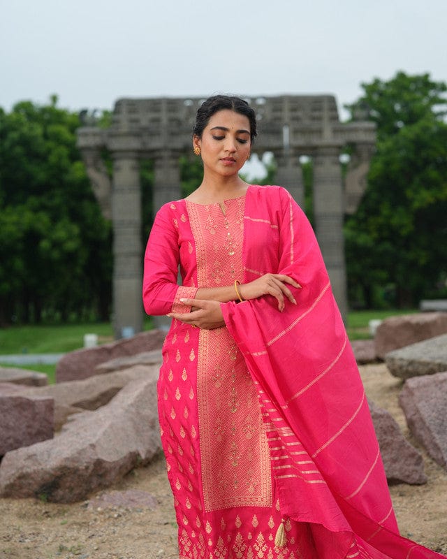 Pink 3/4th Sleeves Traditional motifs with embellishment work Banaras Calf length Kurta Set - With Dupatta