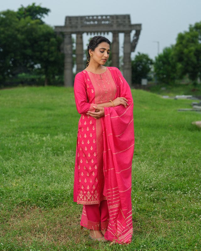 Pink 3/4th Sleeves Traditional motifs with embellishment work Banaras Calf length Kurta Set - With Dupatta