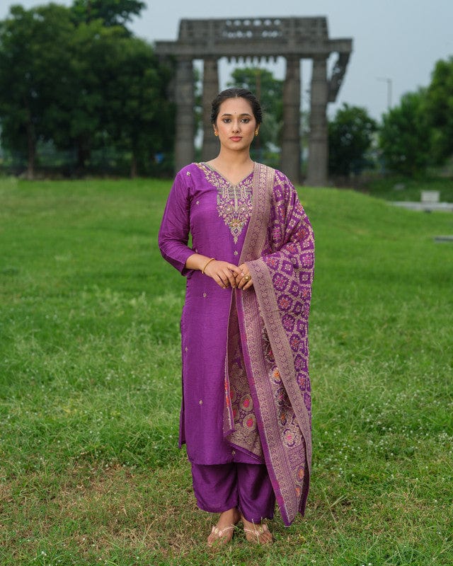 Purple 3/4th Sleeves Traditional motifs with thread work Silk Calf length Kurta Set - With Dupatta