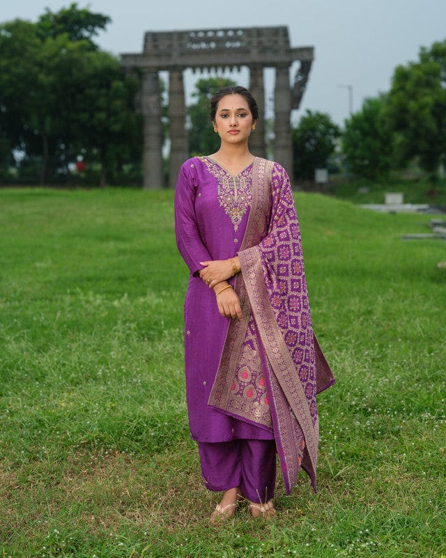 Purple 3/4th Sleeves Traditional motifs with thread work Silk Calf length Kurta Set - With Dupatta