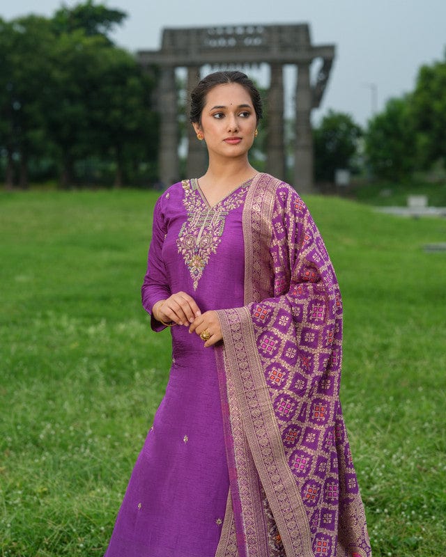 Purple 3/4th Sleeves Traditional motifs with thread work Silk Calf length Kurta Set - With Dupatta