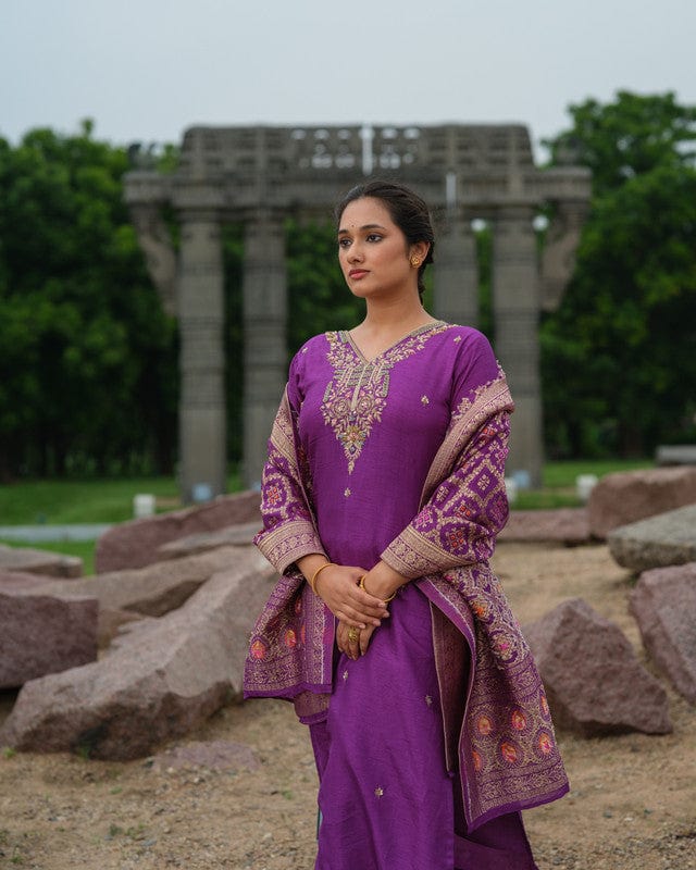 Purple 3/4th Sleeves Traditional motifs with thread work Silk Calf length Kurta Set - With Dupatta