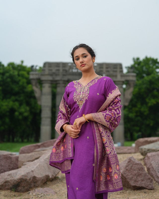 Purple 3/4th Sleeves Traditional motifs with thread work Silk Calf length Kurta Set - With Dupatta