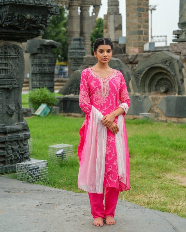 Pink 3/4th Sleeves Bandhini Silk Calf length Kurta Set - With Dupatta