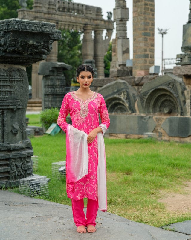 Pink 3/4th Sleeves Bandhini Silk Calf length Kurta Set - With Dupatta