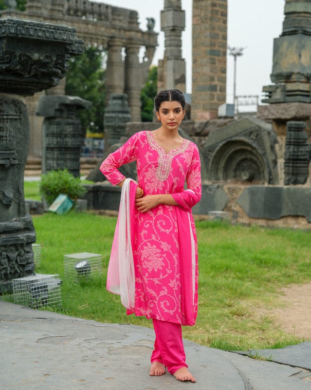 Pink 3/4th Sleeves Bandhini Silk Calf length Kurta Set - With Dupatta