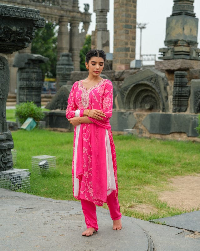 Pink 3/4th Sleeves Bandhini Silk Calf length Kurta Set - With Dupatta