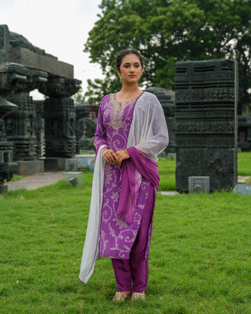 Purple 3/4th Sleeves Bandhini Silk Calf length Kurta Set - With Dupatta