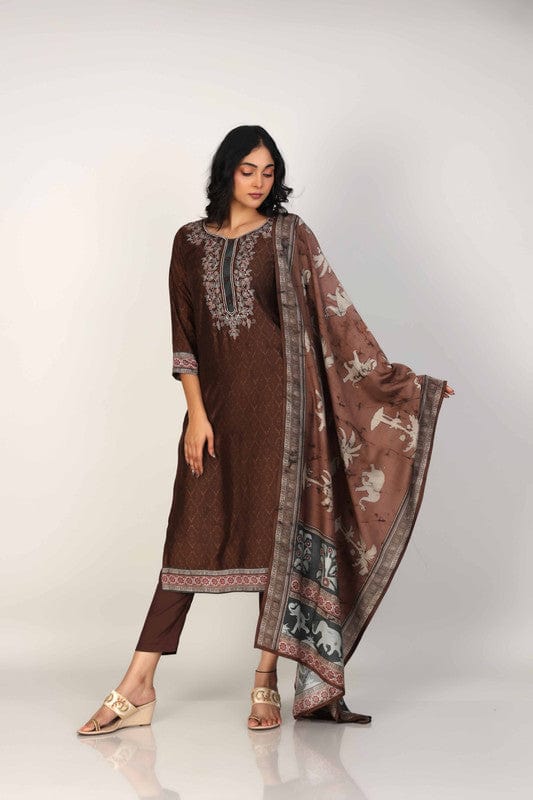 Brown 3/4th Sleeves Silk Chanderi All over print Calf length Kurta Set - With Dupatta