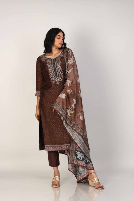 Brown 3/4th Sleeves Silk Chanderi All over print Calf length Kurta Set - With Dupatta