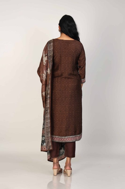 Brown 3/4th Sleeves Silk Chanderi All over print Calf length Kurta Set - With Dupatta