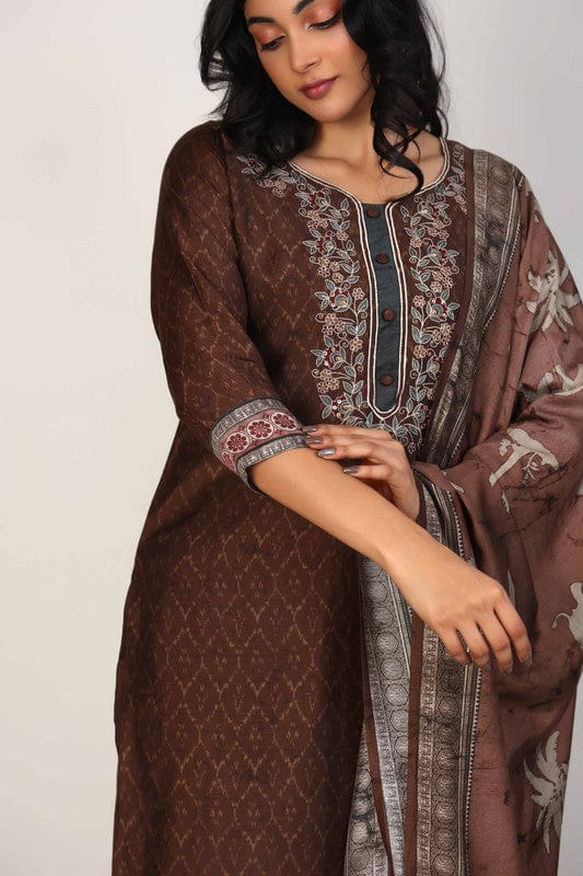 Brown 3/4th Sleeves Silk Chanderi All over print Calf length Kurta Set - With Dupatta